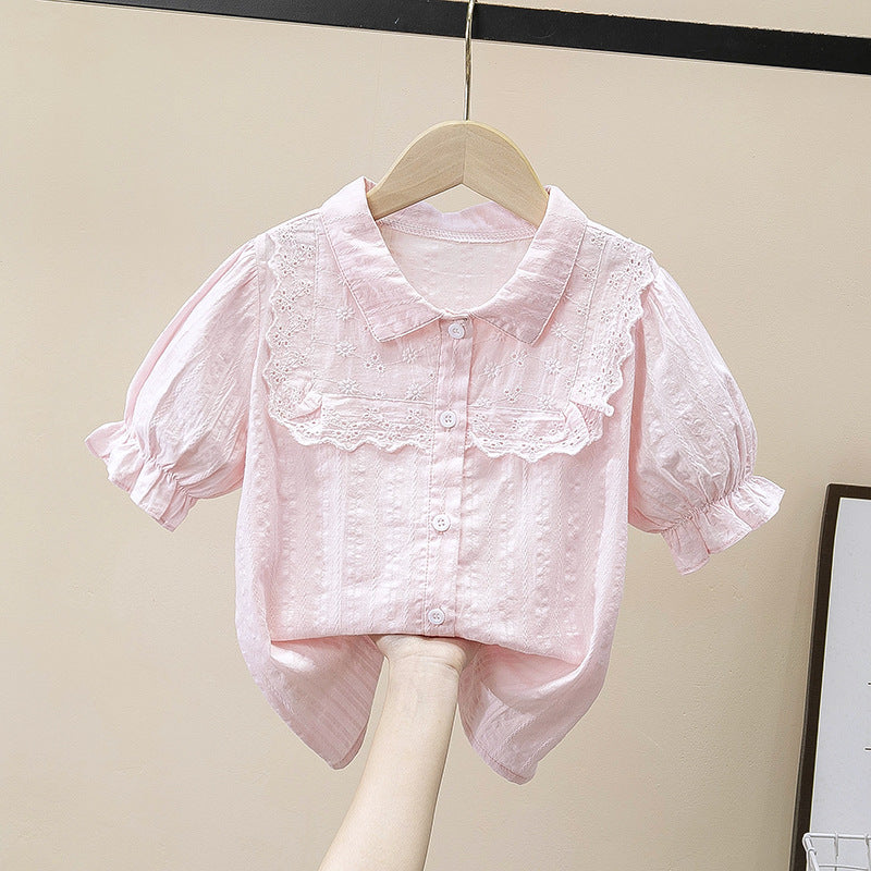 Girls 100% Cotton White Shirt with Lace Doll Collar, College Style