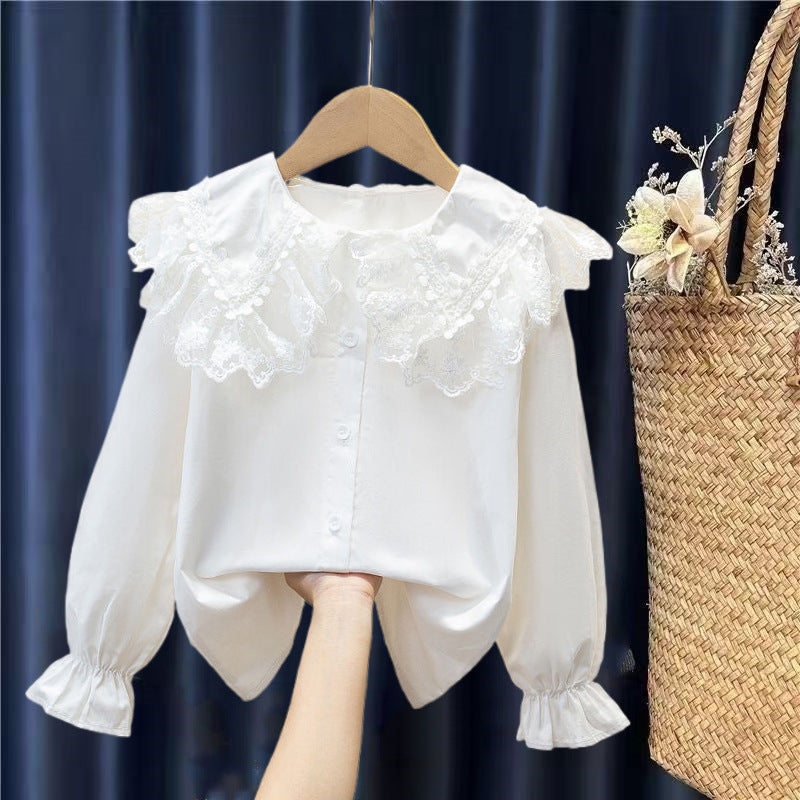 Girls 100% Cotton Long Sleeve Shirt, Korean Style Lace Collar Top