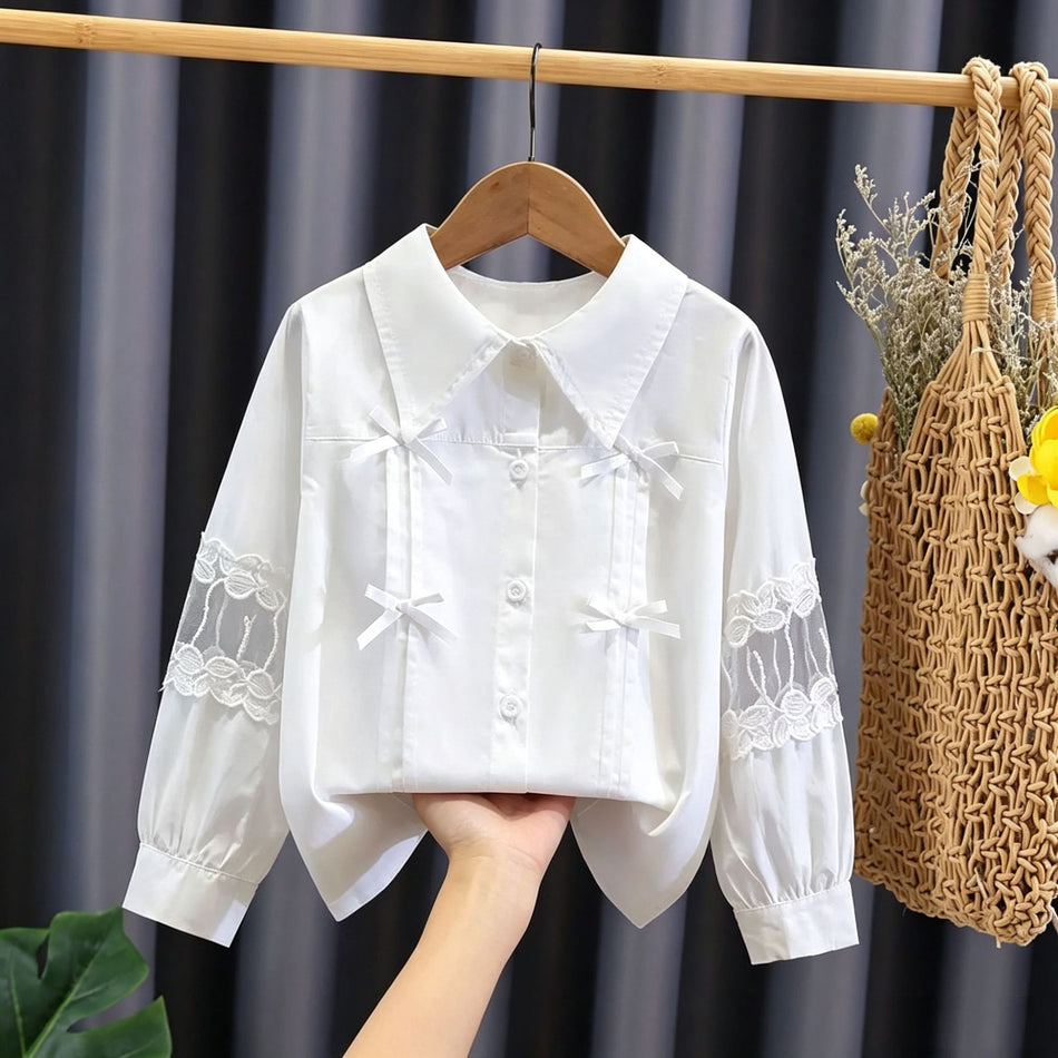 Girls 95% Cotton Long Sleeve Shirt, White Stand Collar Top