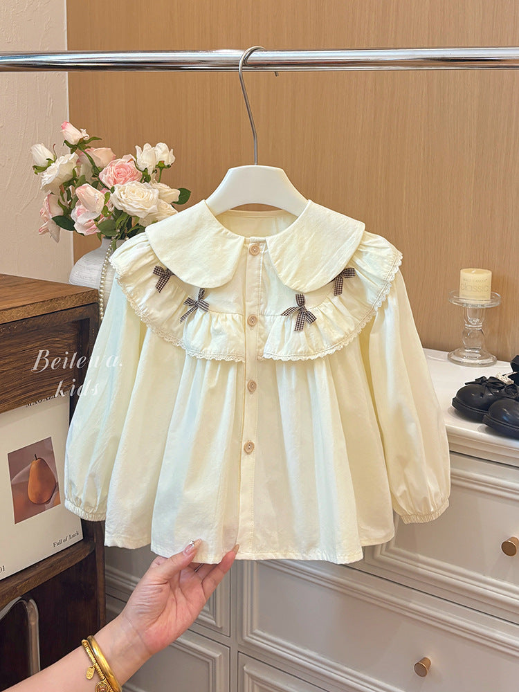 Girls 100% Cotton Bow Lace Shirt, Beige Doll Collar Long Sleeve