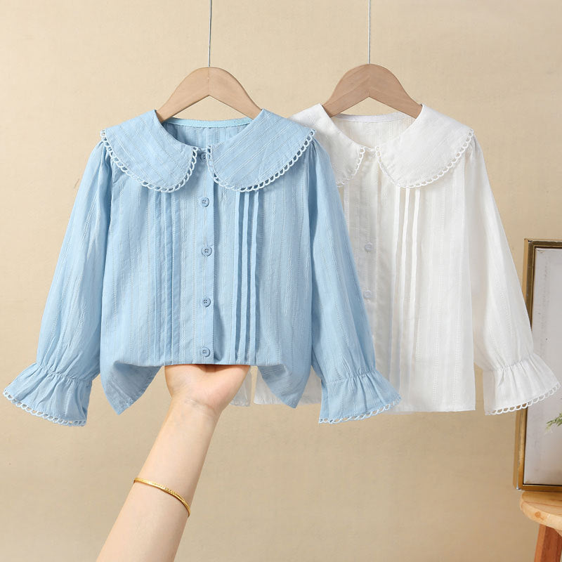 Girls 95% Cotton Lace Shirt, Long Sleeve Lapel Casual Top