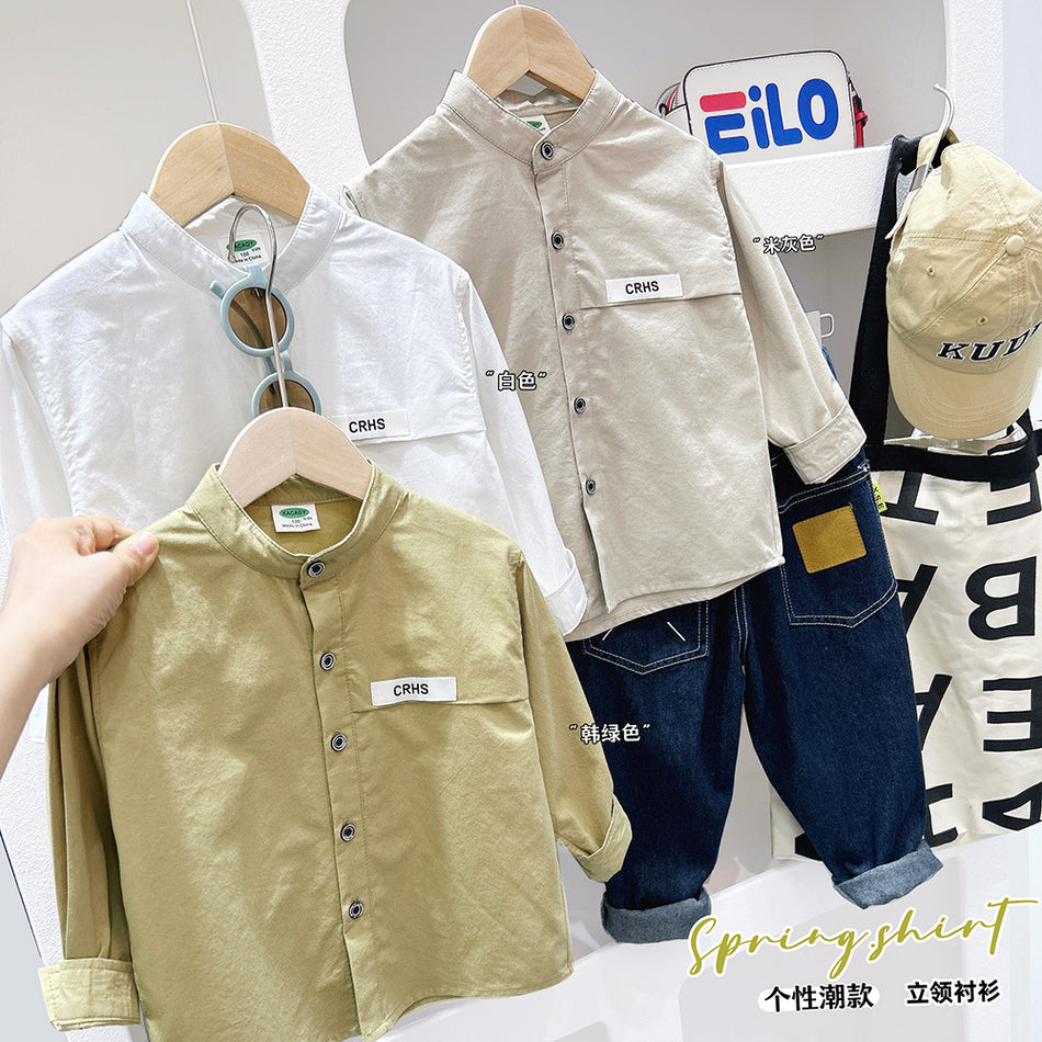 Boys Solid Color Long Sleeve Shirt Cotton Stand Collar K-Style Top