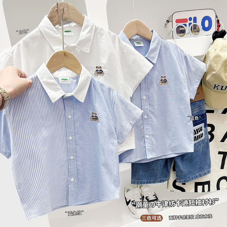 Boys Cotton Short Sleeve Shirt Bear Embroidered Lapel Summer Top