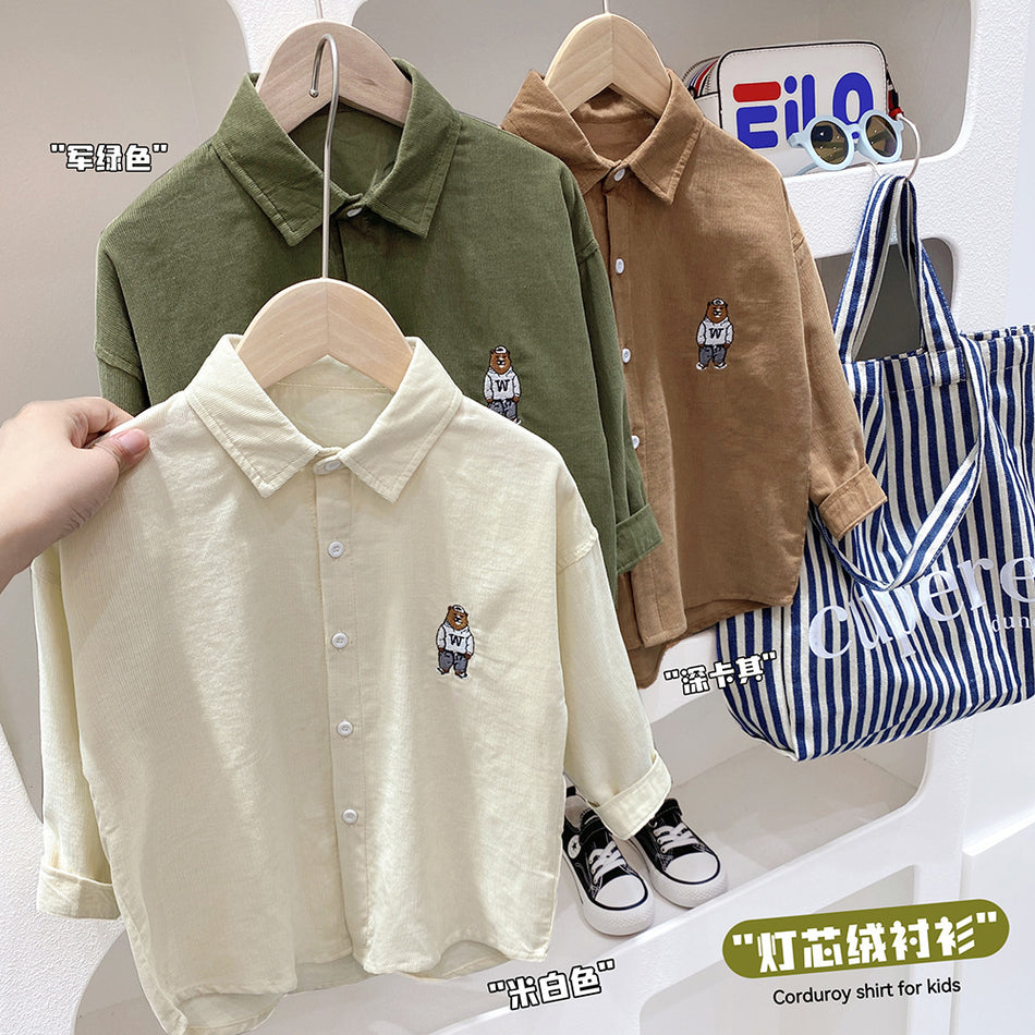 Boys Cotton Cartoon Shirt Long Sleeve Lapel Korean Style Top