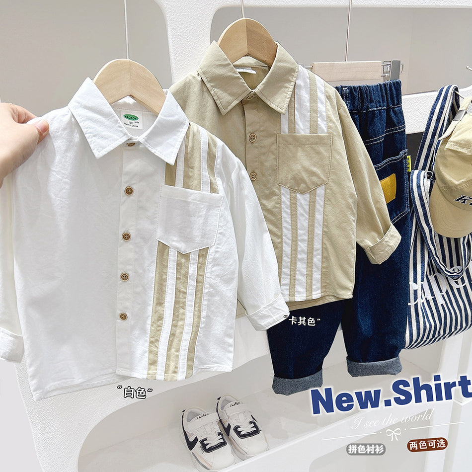 Boys Cotton Long Sleeve Lapel Shirt Korean Style Solid Color Top