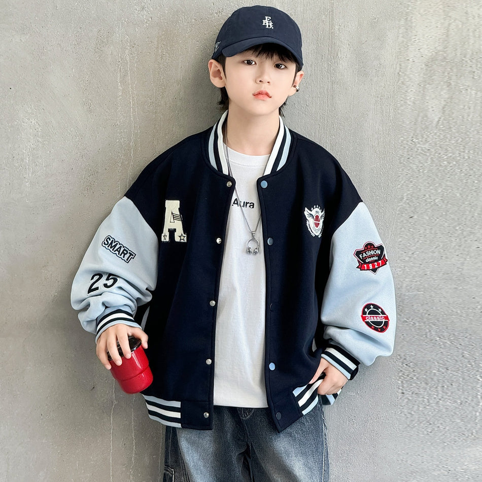 Boys' Color Block Baseball Jacket with Letter Detail