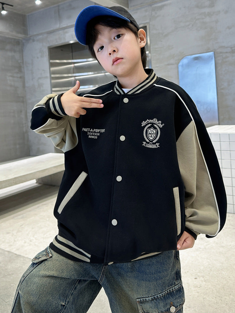 Boys' Letter Print Baseball Jacket for Autumn Casual Style