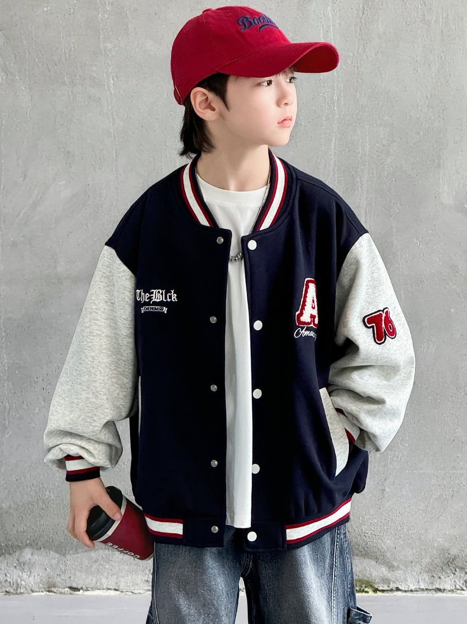 Boys' Letter Print Baseball Jacket for Autumn Sports Wear