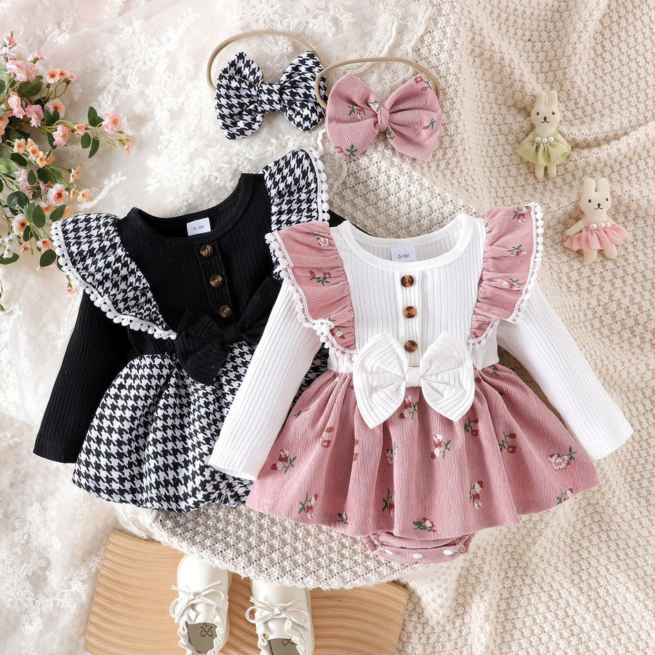 2-Piece Baby Girl Ribbed Romper Set with Bow Headband