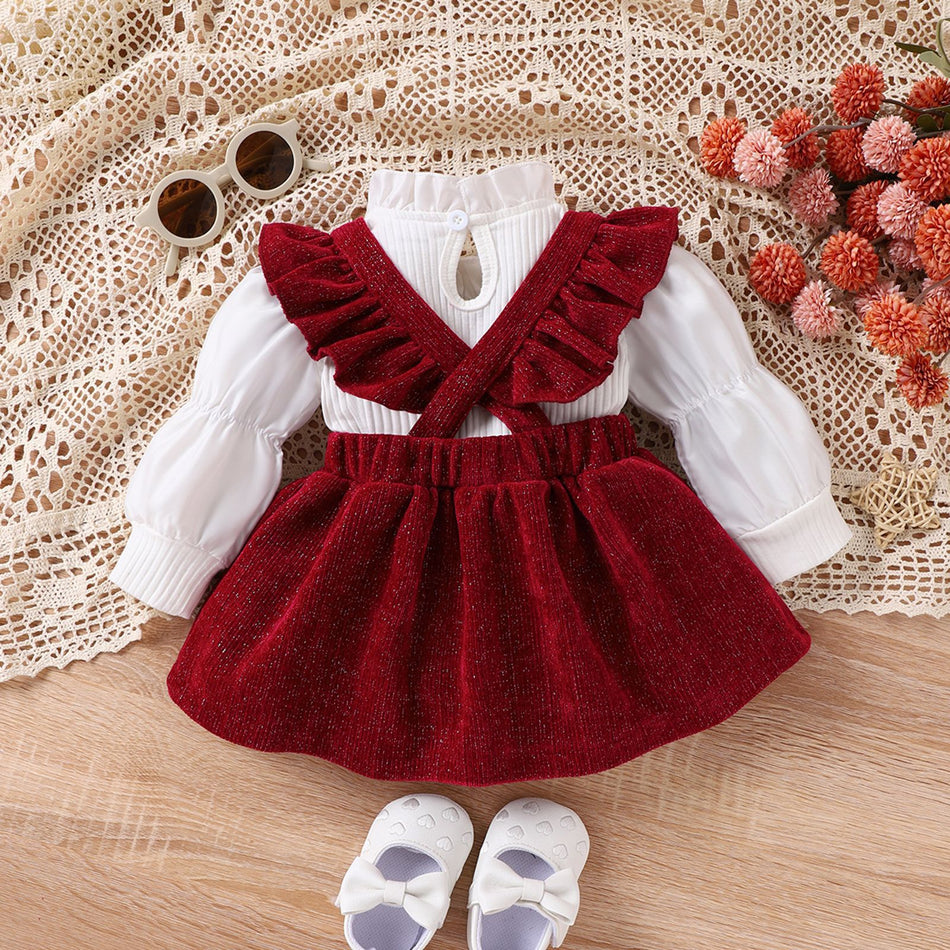 2-Piece Baby Girl Bow Suspender Skirt Set Cotton Autumn Winter