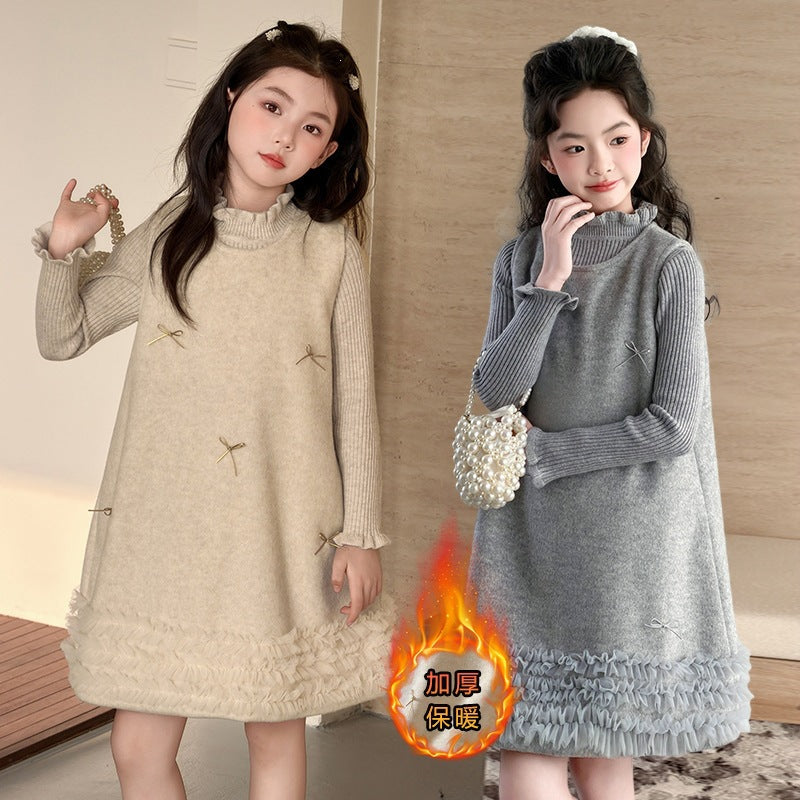 Girls A-Line Dress Solid Western-Style Vest Skirt