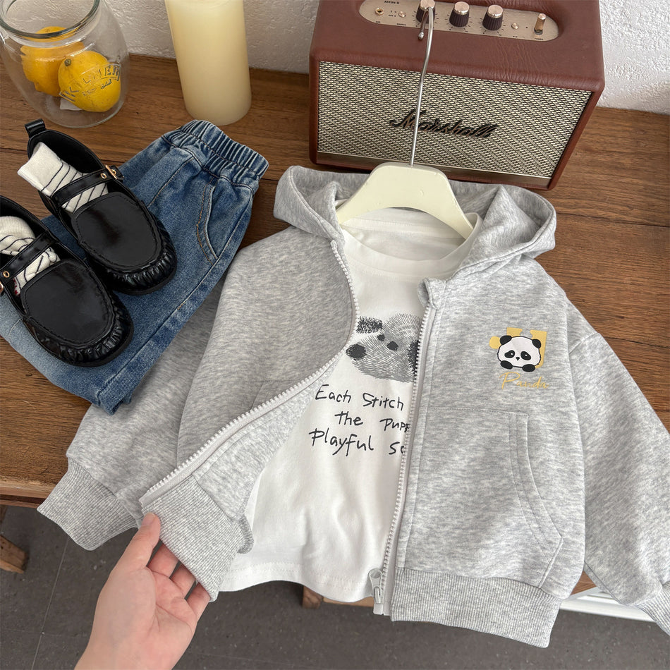 Boys' Panda Print Hooded Zip-Up Knit Coat