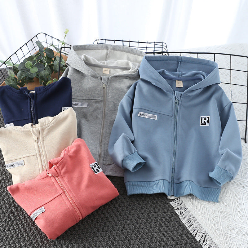 Boys' Solid Color Hooded Zip-Up Cardigan Sweatshirt