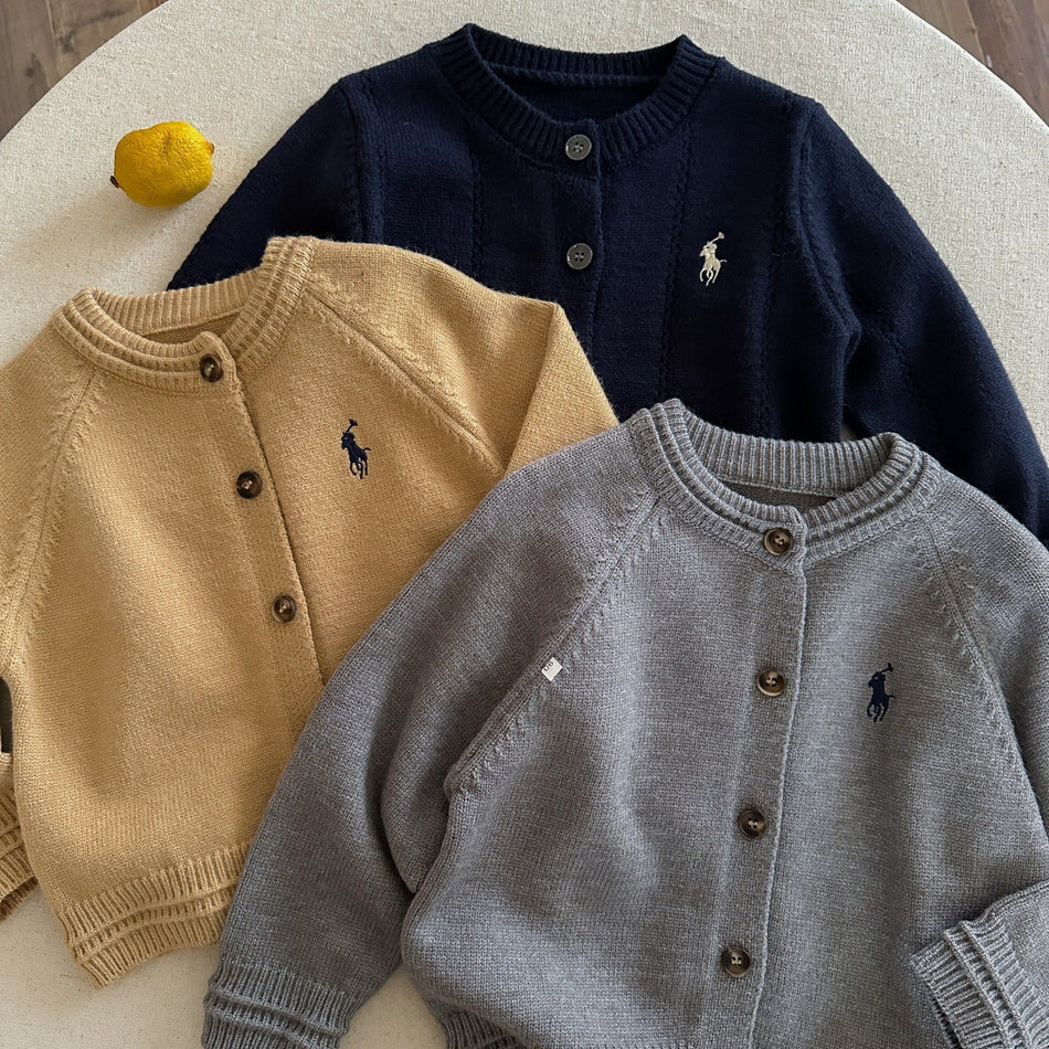 Boys' Round Neck Solid Color Knit Cardigan