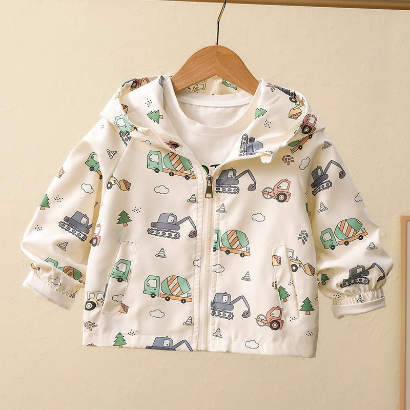 Boys' Cartoon Windproof Jacket, Hooded Zip Style