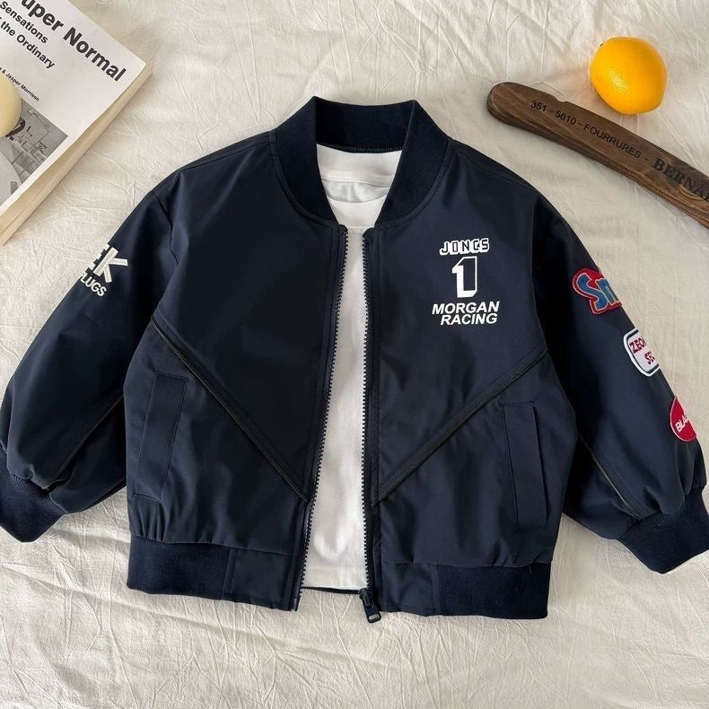 Boys' Street-Style Baseball Jacket, Motorcycle Print