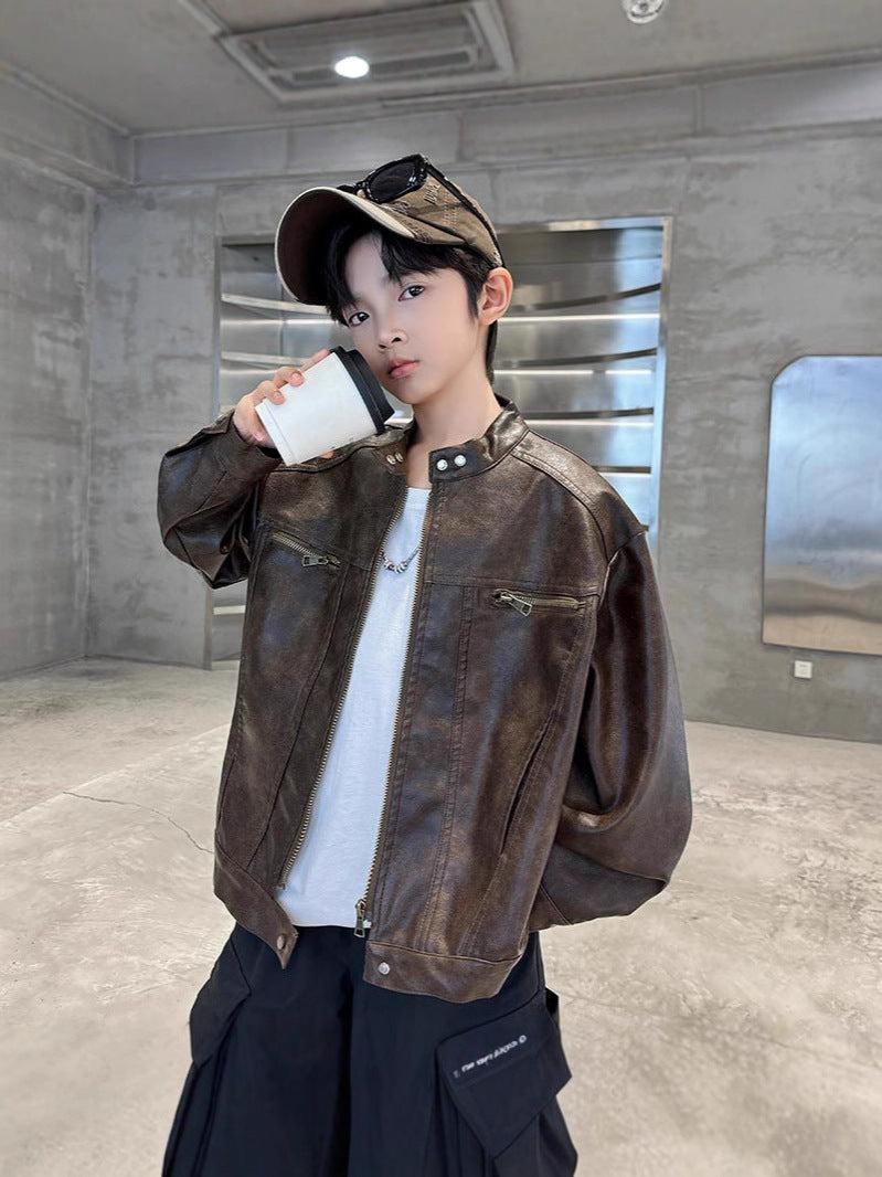 Boys' PU Leather Jacket, Round Neck Street Style