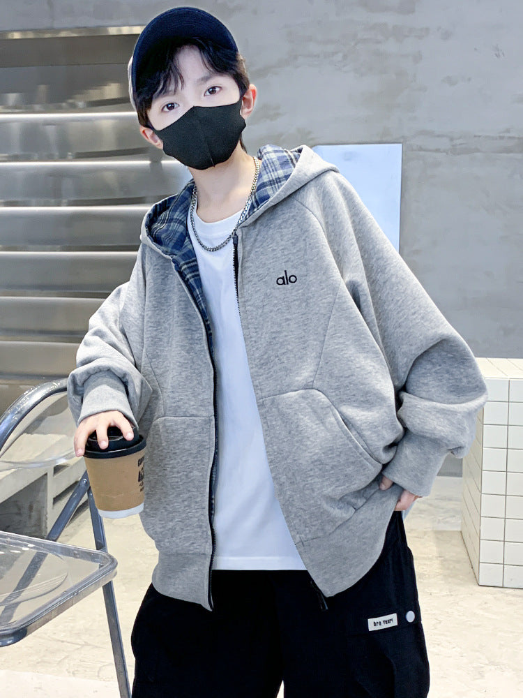 Boys' Reversible Hooded Jacket, Trendy Grid Pattern