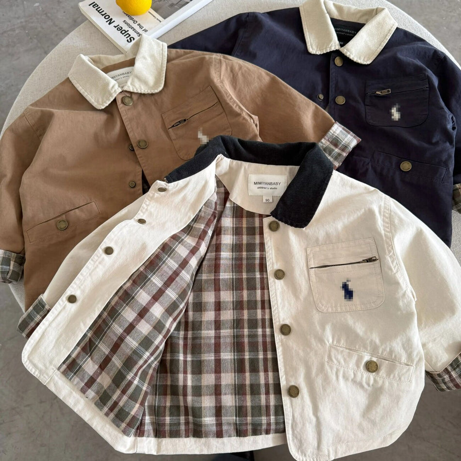 Boys' Plaid Cotton Lapel Jacket Autumn Casual Coat