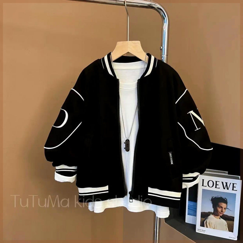 Boys' Baseball Zip Jacket, Korean Style Round Neck