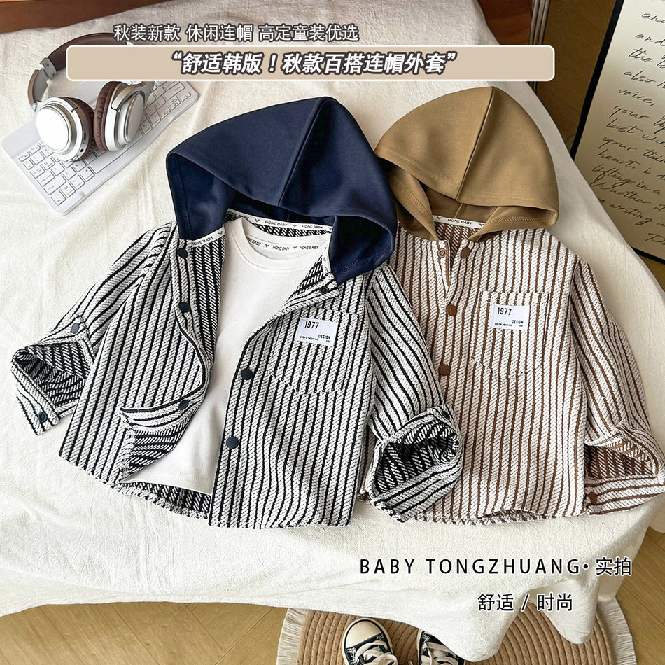 Boys' Hooded Striped Cardigan Jacket, Korean-Style Zip Front