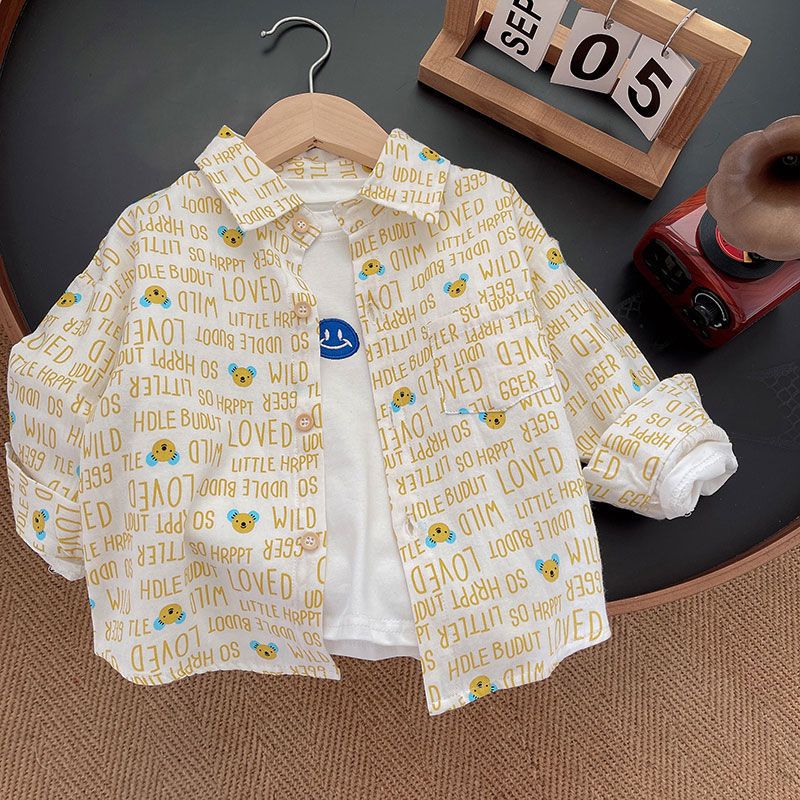 Boys' Cartoon Print Shirt with Suit Collar, Long Sleeve