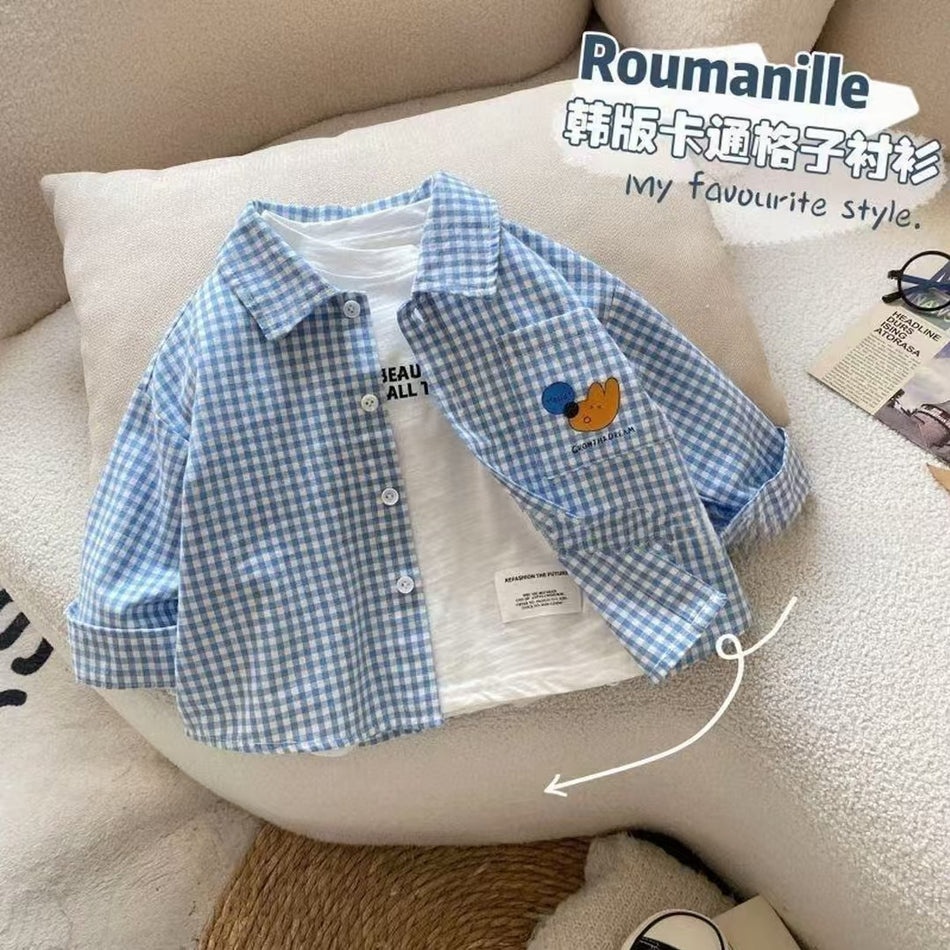 Boys' Plaid Lapel Shirt, Thin Long-Sleeve Spring Layer