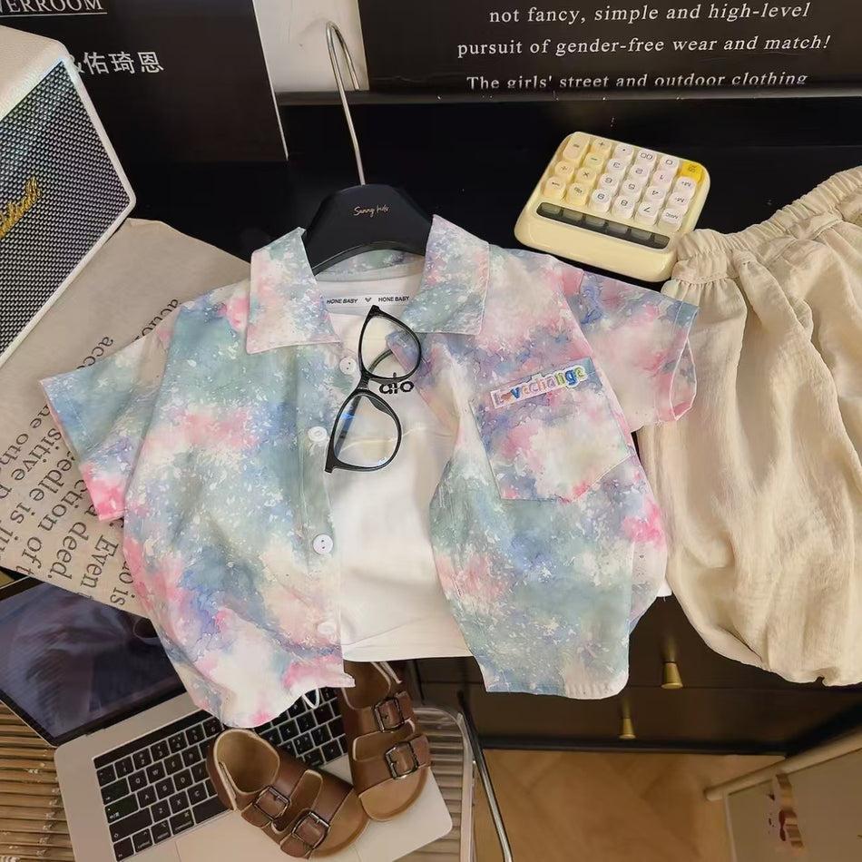 Boys' Tie-Dye Short Sleeve Shirt with Suit Collar