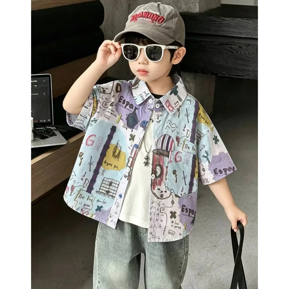 Boys' Purple Abstract Print Lapel Shirt, Short Sleeve