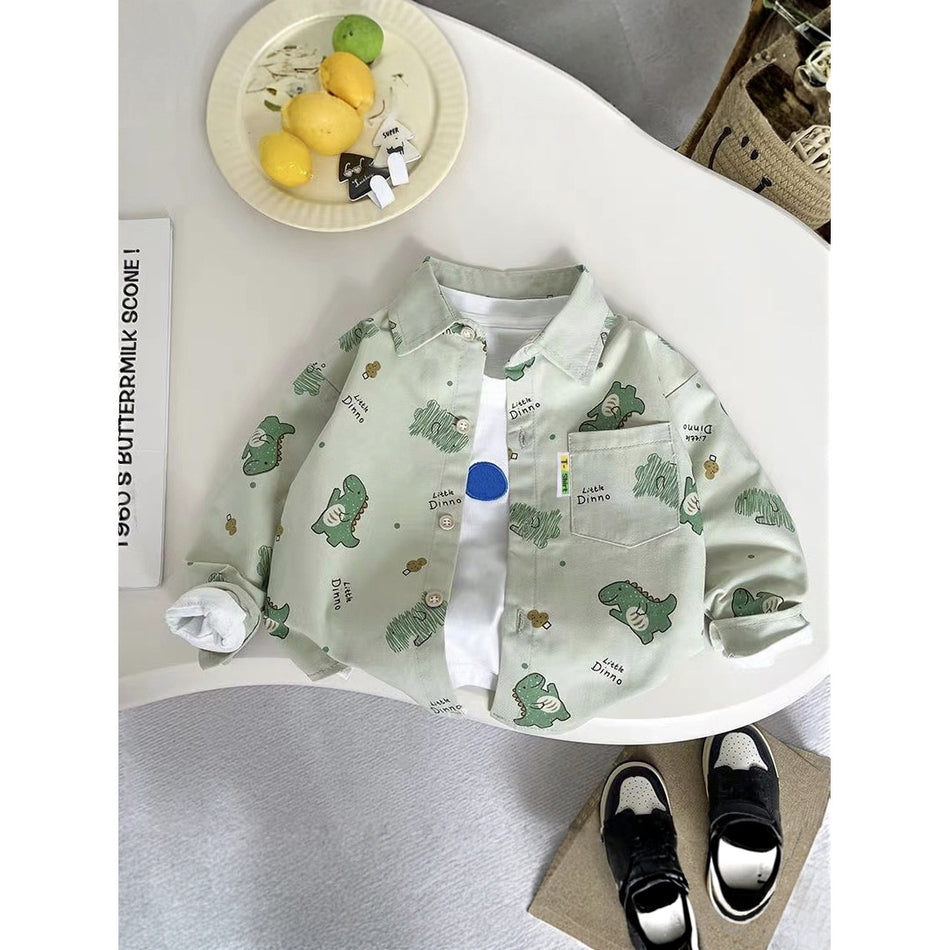 Boys' Dinosaur Print Lapel Shirt, Long Sleeve Autumn Top