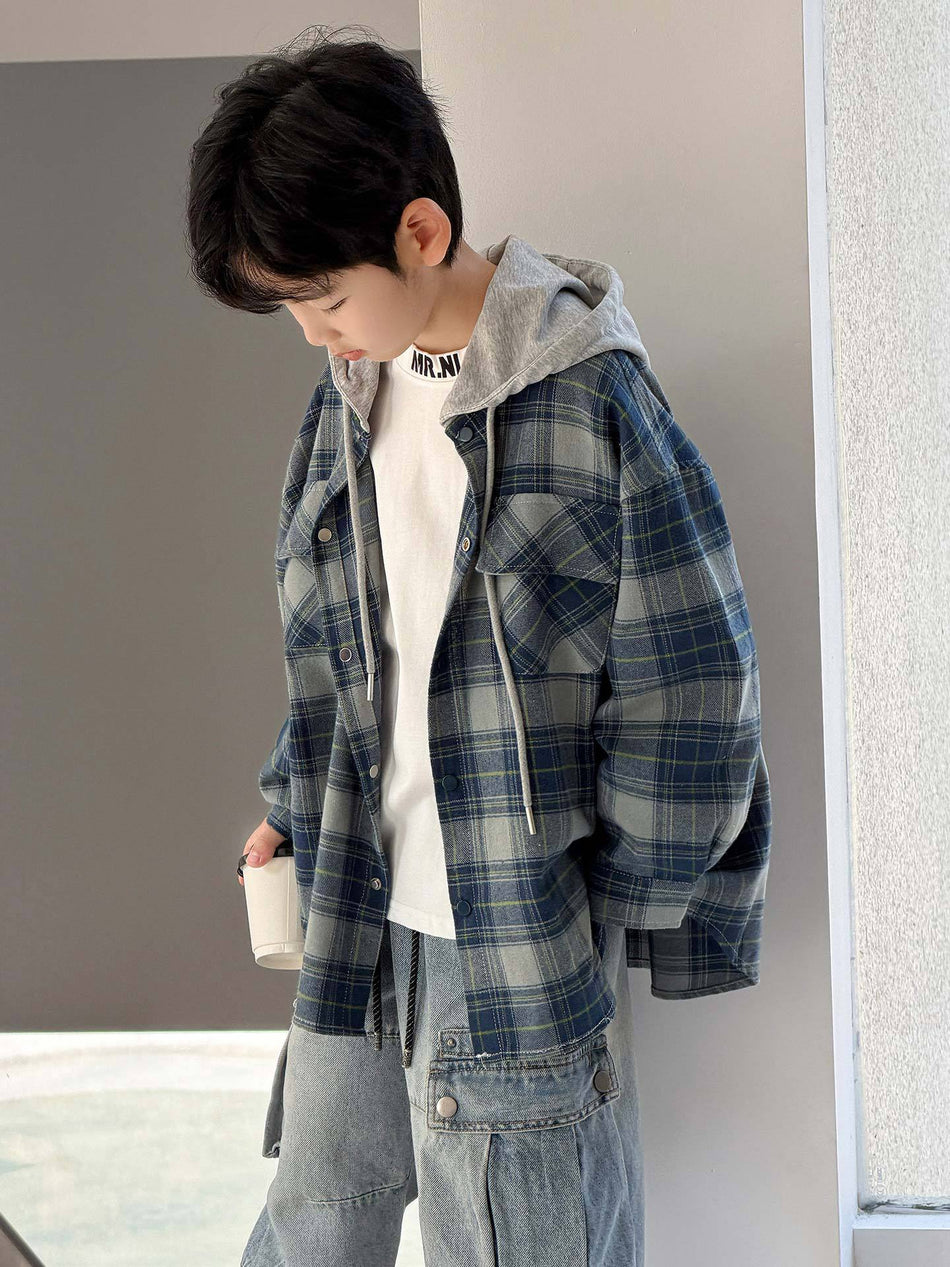 Boys' Hooded Plaid Jacket, Korean-Style Round Neck