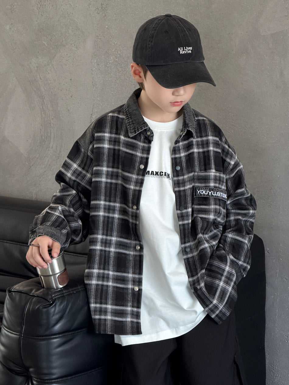 Boys' Plaid Lapel Shirt Coat, Korean-Style Trendy Fit