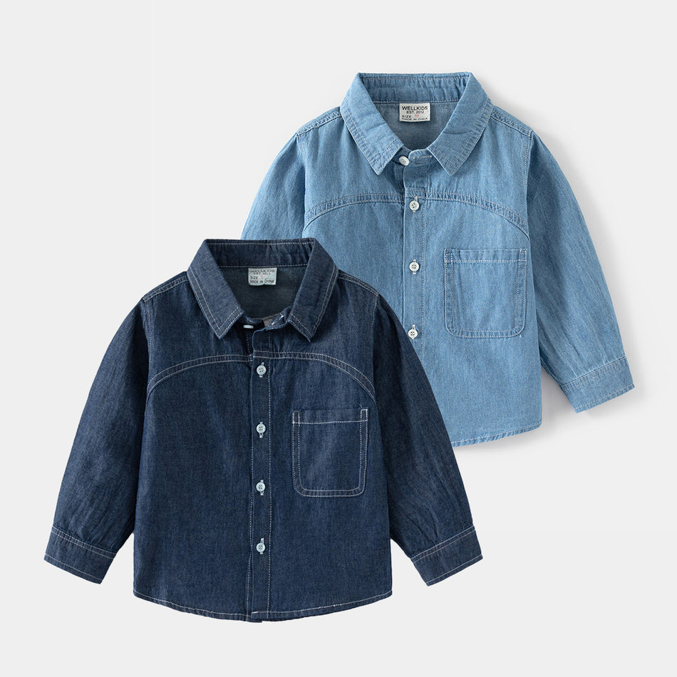Boys' Denim Lapel Shirt, Long Sleeve Autumn Casual