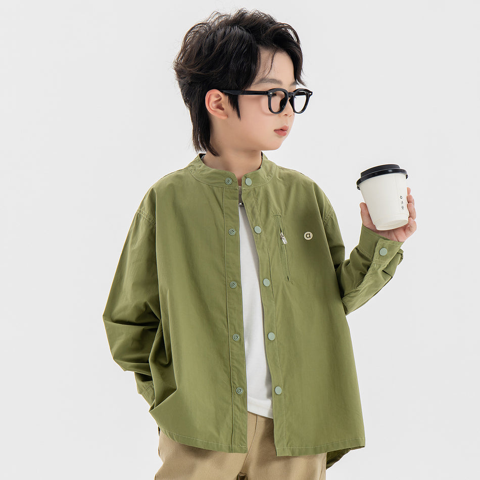 Boys' Solid Stand Collar Shirt with Letter Detail