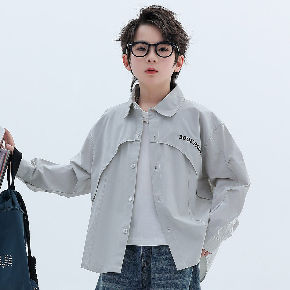 Boys' Cotton Letter Print Lapel Shirt, Long Sleeve