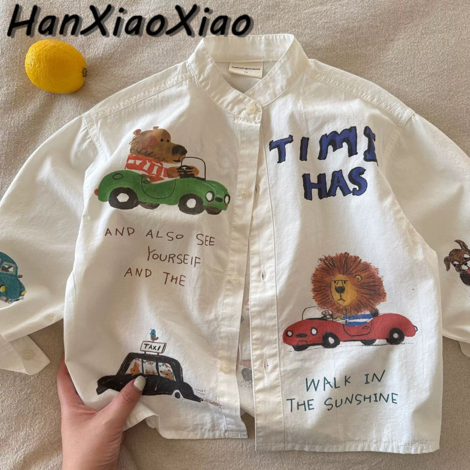 Boys' Cartoon Graffiti Stand Collar Shirt, Long Sleeve