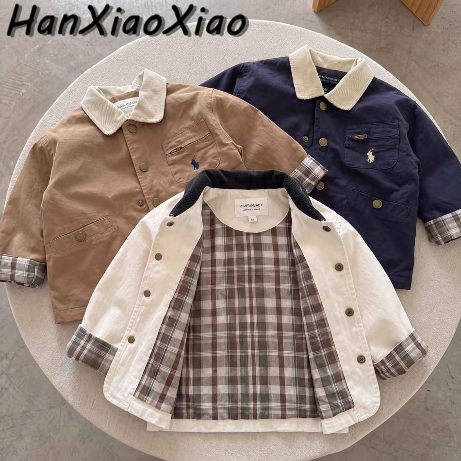 Plaid-Lined Lapel Coat for Boys, Loose Cotton Casual Jacket