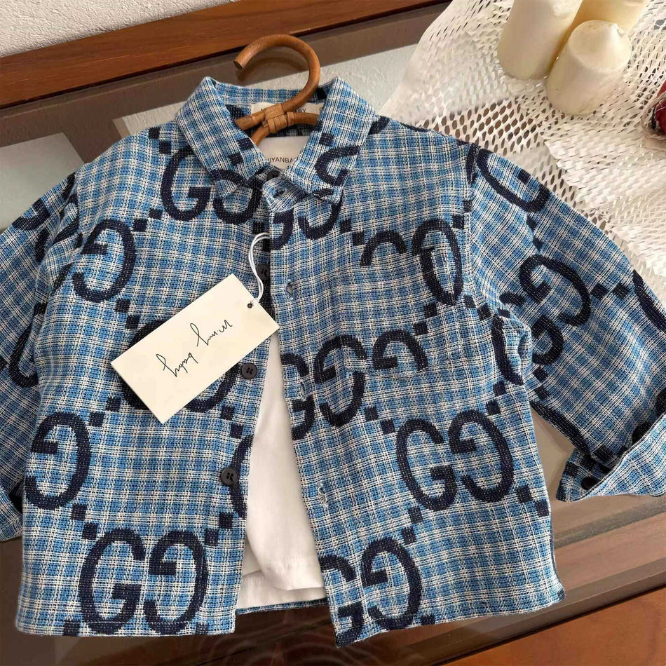 Korean-Style Plaid Print Shirt Jacket for Boys, Cotton Blend
