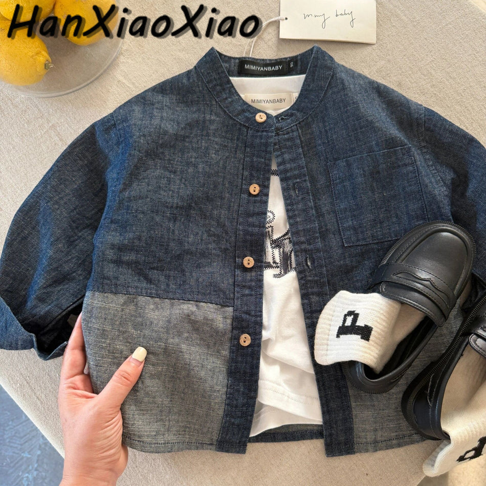 Stand-Collar Denim Shirt for Boys, Contrast-Stitch Casual Top