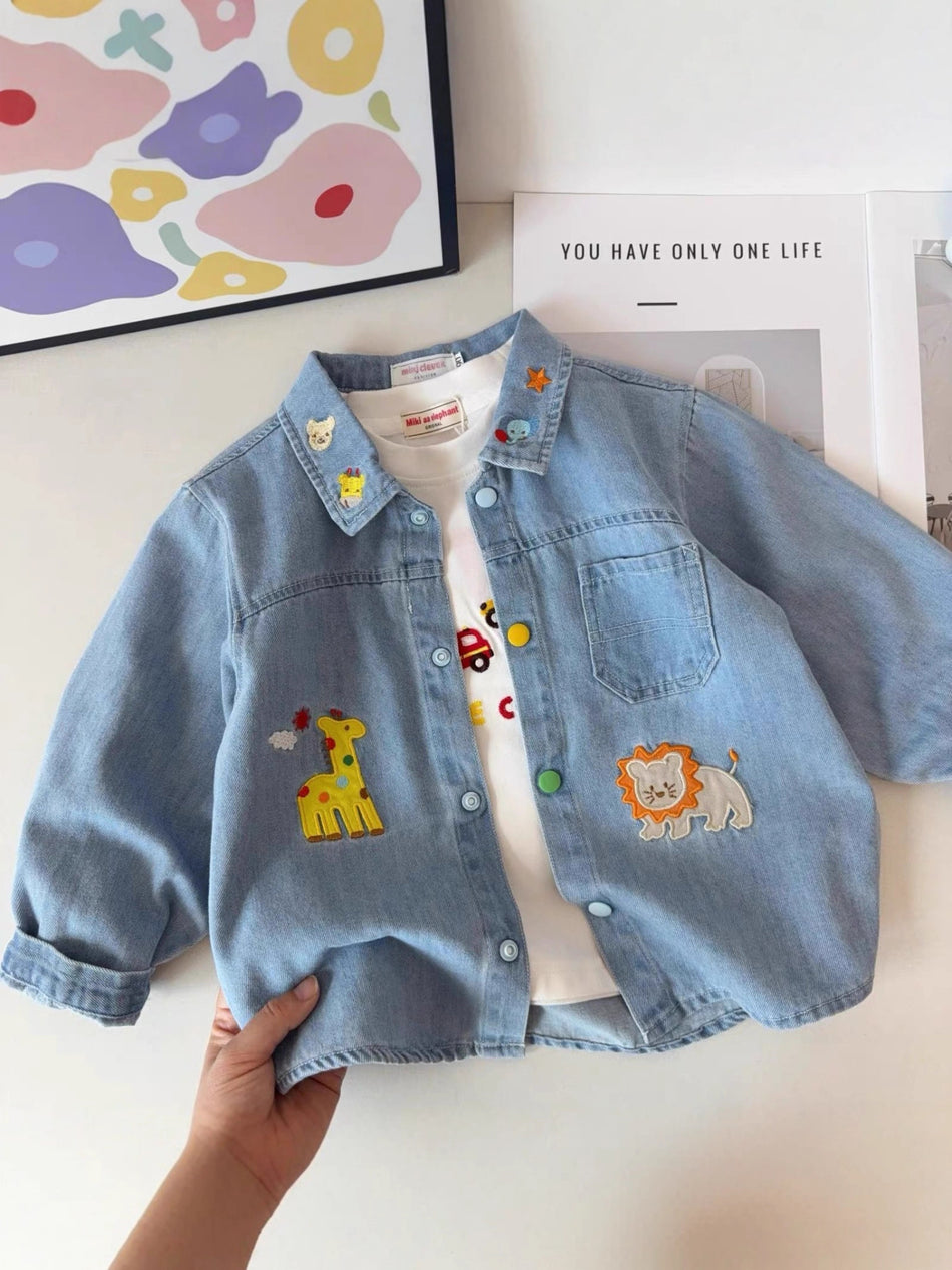 Soft Cotton Denim Shirt for Kids, Lapel Collar Style