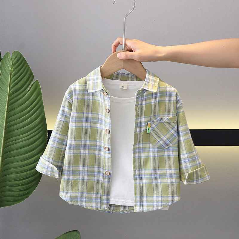 100% Cotton Plaid Shirt for Boys, Lapel Collar Cardigan