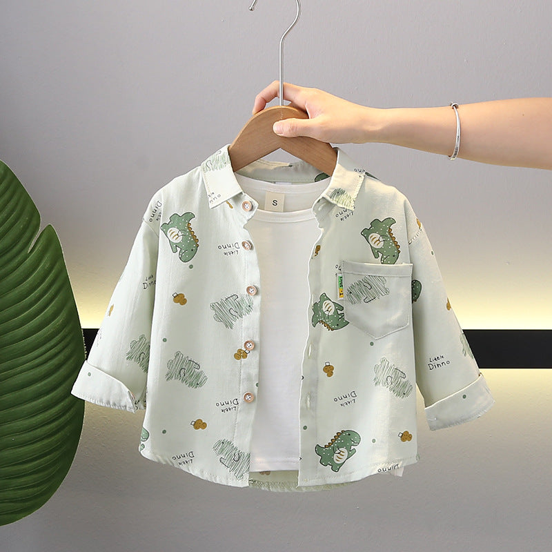 Class A Cotton Dinosaur Print Shirt, Lapel Cardigan