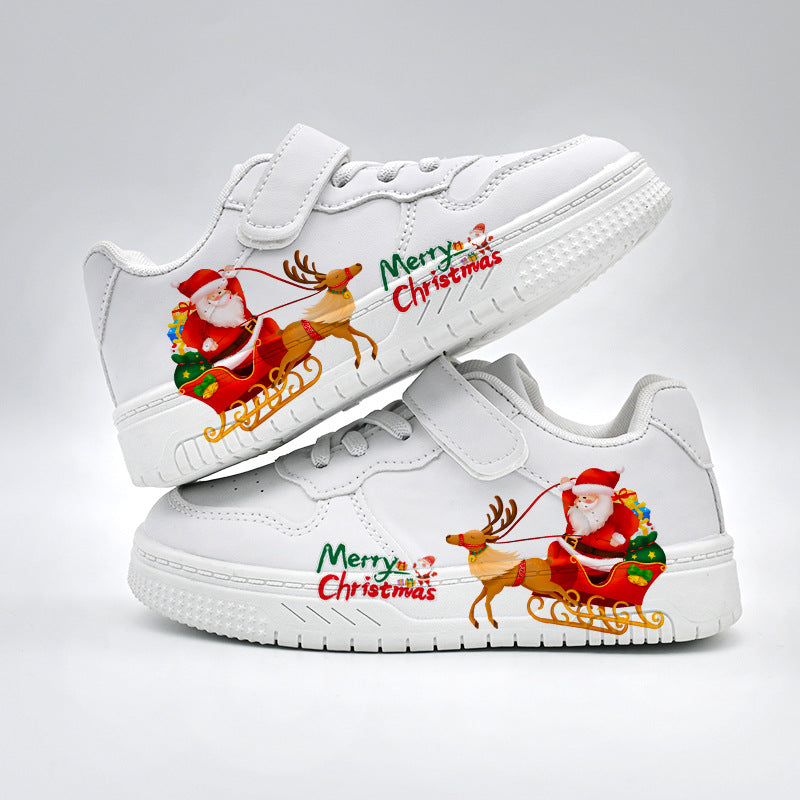 Santa Cartoon Print Sneakers, Soft-Sole Campus Shoes