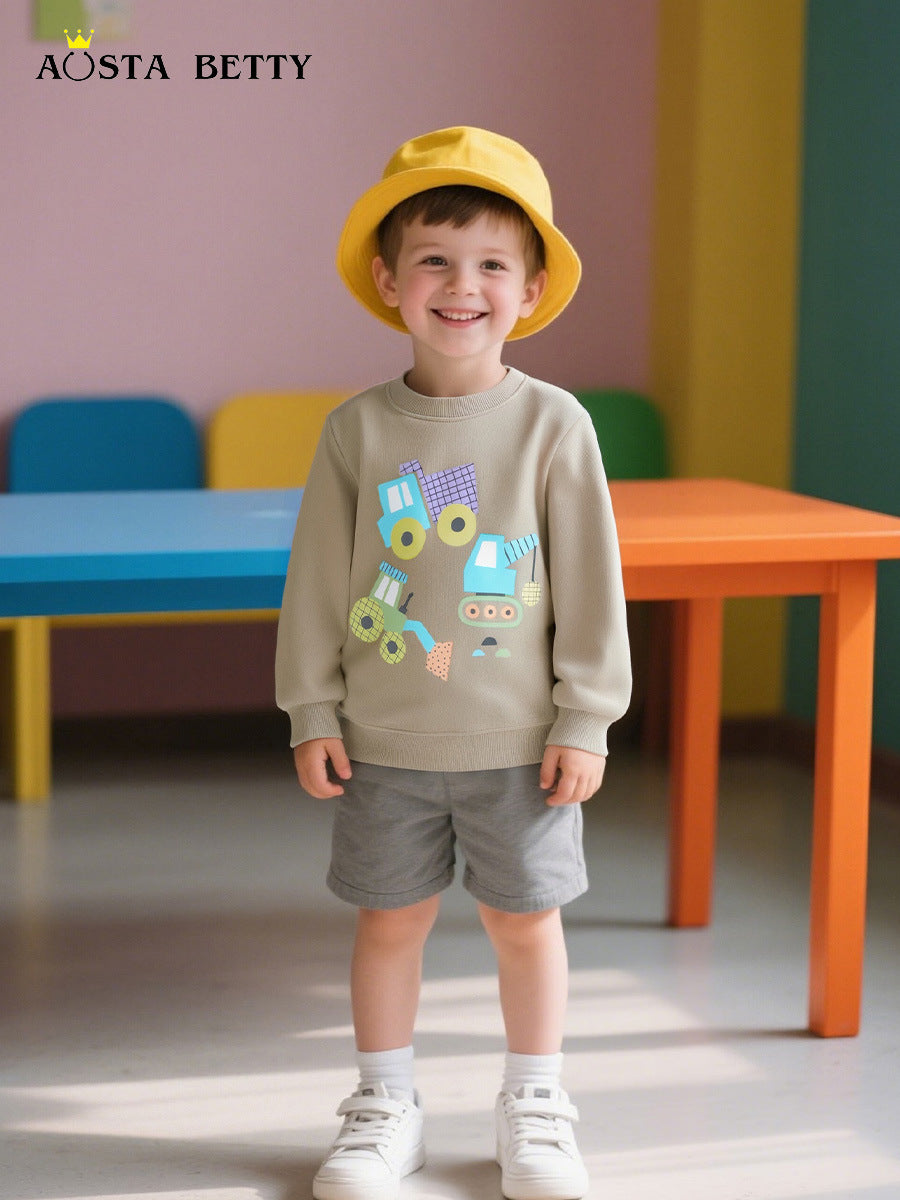 Boys 100% Cotton Round Neck Pullover with Cartoon Print
