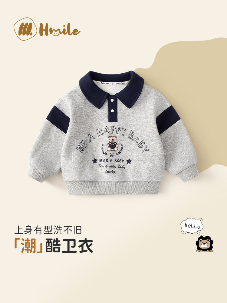 Boys Single-Breasted Lapel Sweater with Bear Cartoon Print