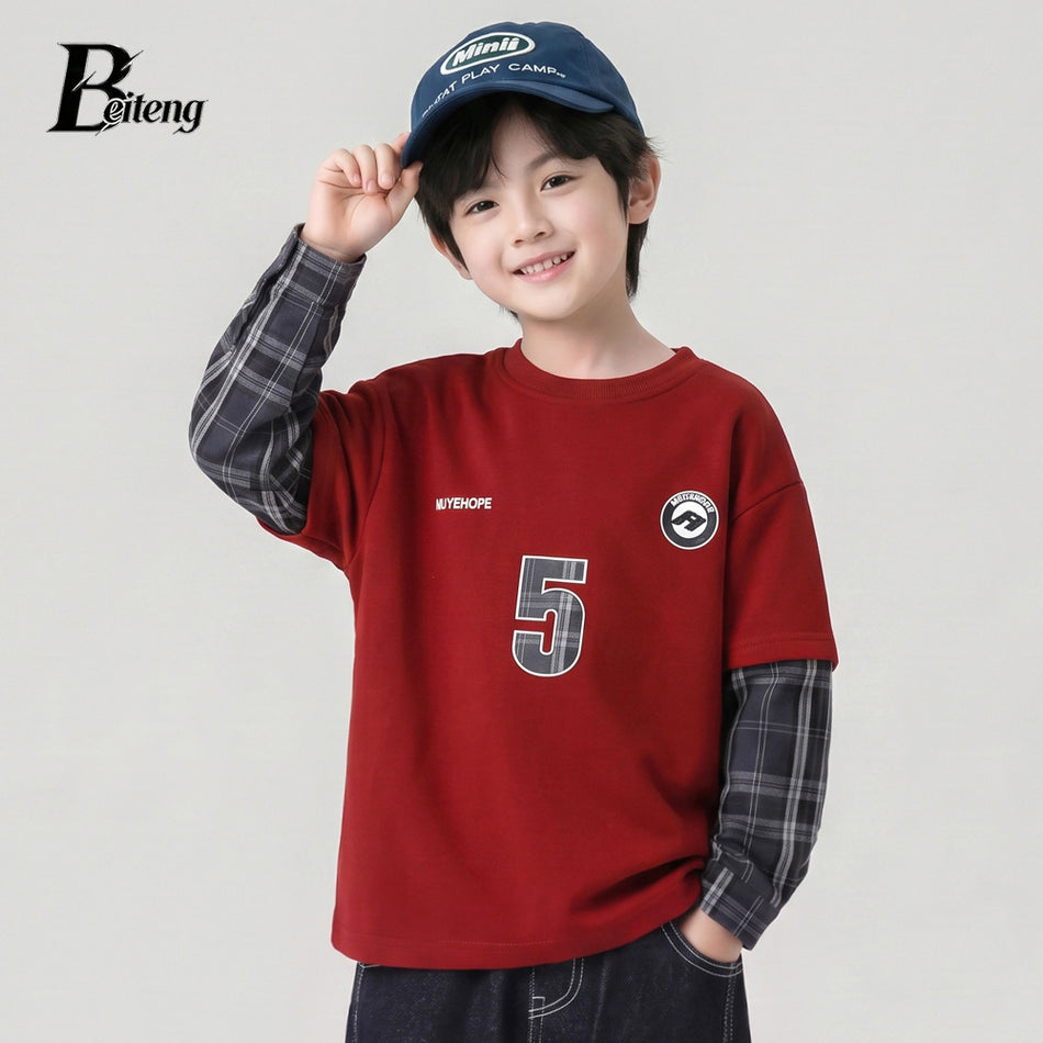 Boys Color-Panel Sweater with Letter and Lattice Pattern