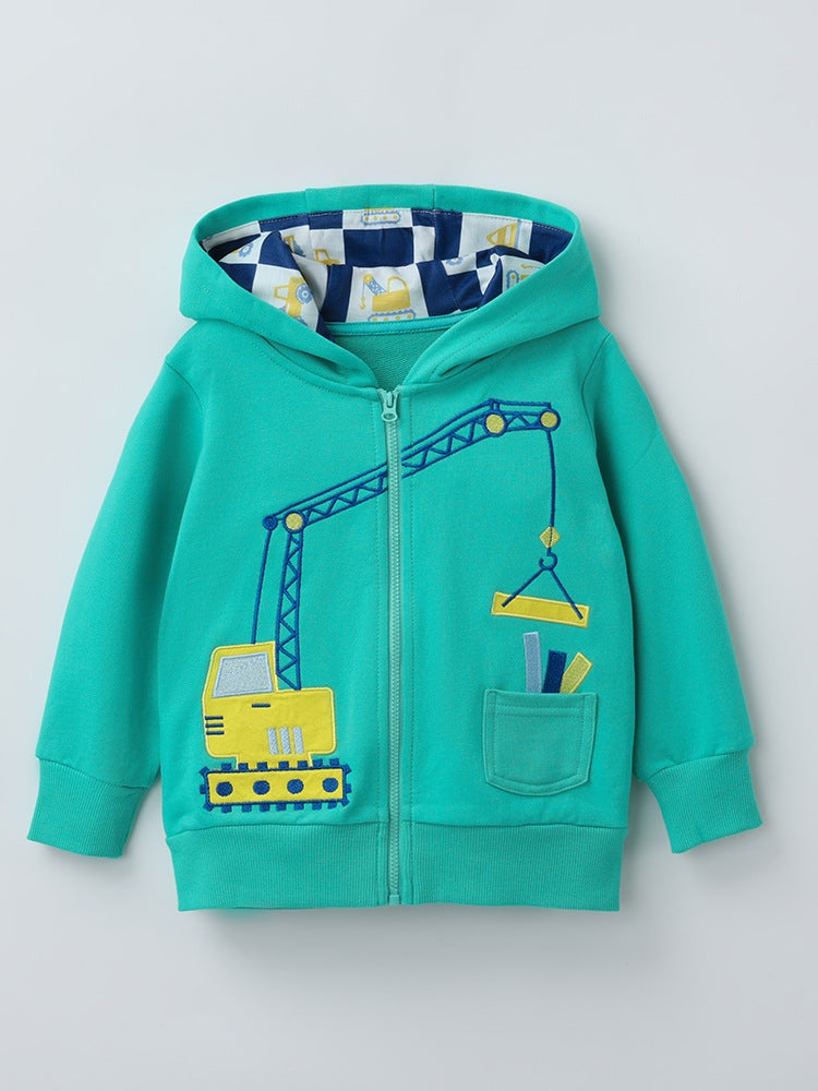 Boys Zip-Up Hooded Sweatshirt with Cartoon Print, 95% Cotton