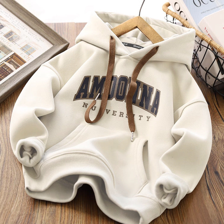 Boys Hooded Pullover Sweatshirt with Letter Print, Long Sleeve