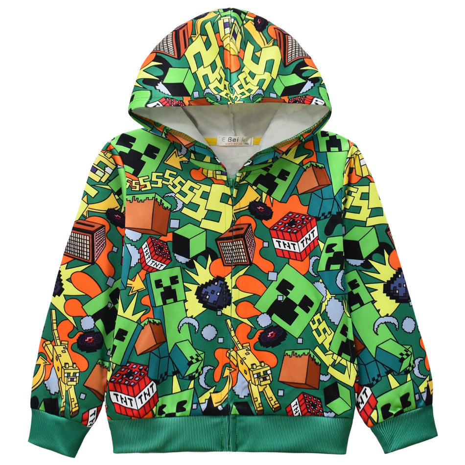 Boys Zip-Up Hooded Jacket with Cartoon Print, 100% Polyester