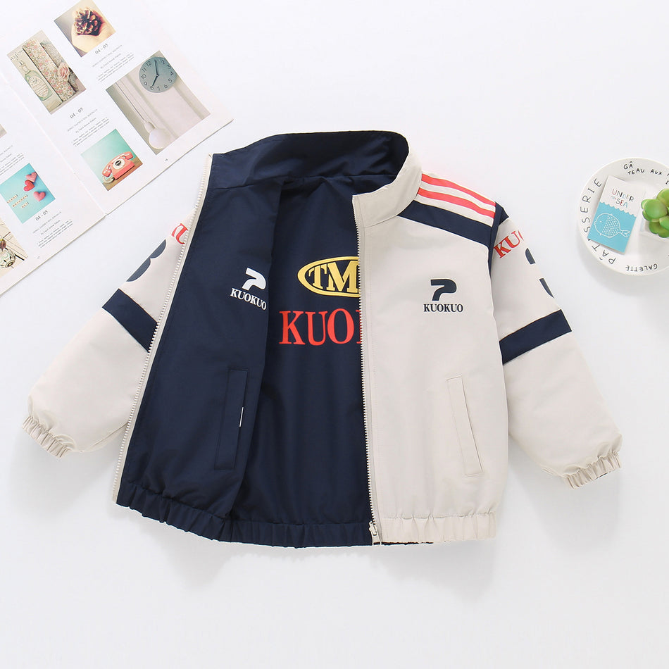Boys Reversible Zip-Up Jacket, High Collar, Polyester